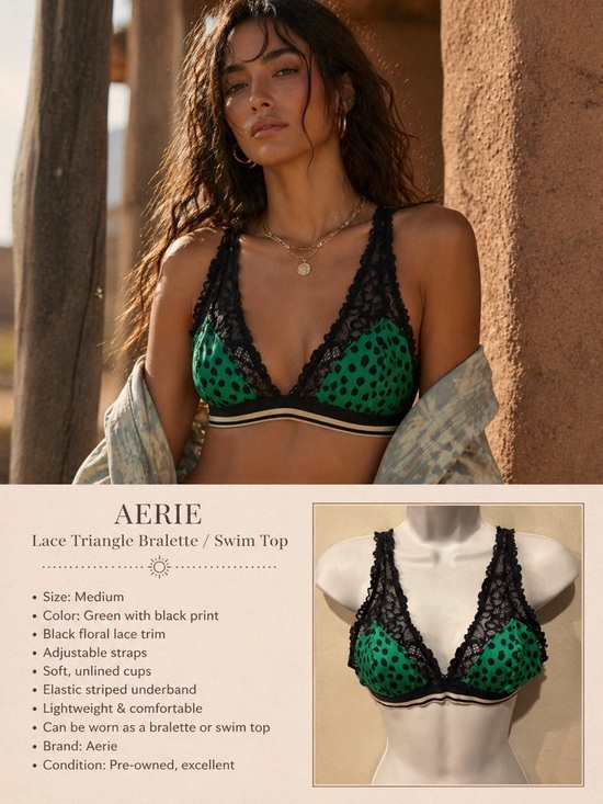 aerie Other - Aerie Green Lace Triangle Bralette | Med Leopard Print Mesh Soft Cup | Swim Top